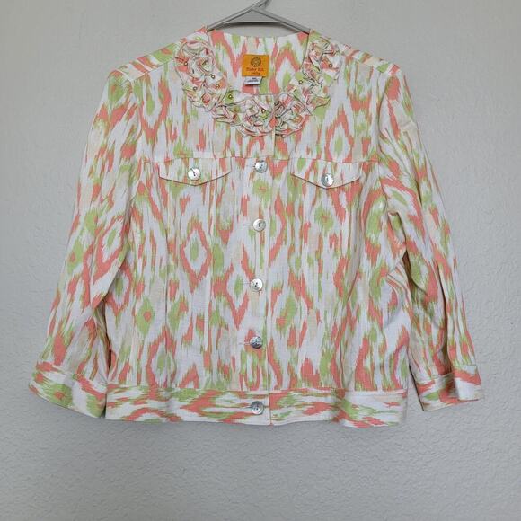 Ruby Rd. Women's Button-Up Top 14P White and Pink Linen Long Sleeves Ruffle Neck - Picture 1 of 8